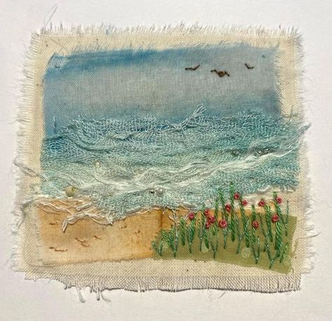 AnnieOB on Instagram: “Another day, another mini. After all the torrential rain today, I’m dreaming of clear days at the beach. #handstitch #handstitching…” Alison Whateley, Fabric Landscapes, Quilted Landscapes, Framed Fabric Art, Seascape Quilts, Fiber Art Collage, Landscape Quilting, March Challenge, Ocean Quilt