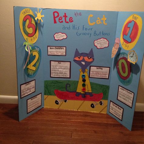 Pete the cat and his four groovy buttons reading fair board. Book Report Poster Board, Literacy Fair Projects Ideas, Reading Fair Boards Ideas, Reading Fair Boards, Trifold Board, 1st Grade Crafts, 1st Grade Books, Reading Fair, Family Literacy Night