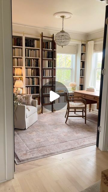 Nate Long on Instagram: "How we turned this useless flex space into a magical ✨ library.

The first thing we did in the space was close off the room and added oversized French doors. We then custom made our own herringbone floor from solid maple planks. The real magic is in the wall to wall bookcase we created. We also added a custom rolling ladder for something extra special. 

Let us know your favorite detail!
.
.
.
.
#homeoffice #homelibrary #homedesign #interiordesign #interiordecor #homerenovation #homeremodel #diyhome #diyhomeimprovement #studiomcgeethreshold #studiomcgee #amberinteriors #homeinspo #officedesign #homedecor #archdigest #instahome #instadesign #instagood #homedecoration #homestaging

Home | interior design | DIY | library | vintage | remodel | office | home decor | thr Bookcase Wall Around Door, Bookcases With Ladders, Bookcase Ladder Diy, Floor To Ceiling Bookshelves With Ladder, Library In Living Room, Office Library Combo, Vintage Remodel, Flex Room Ideas, Diy Library