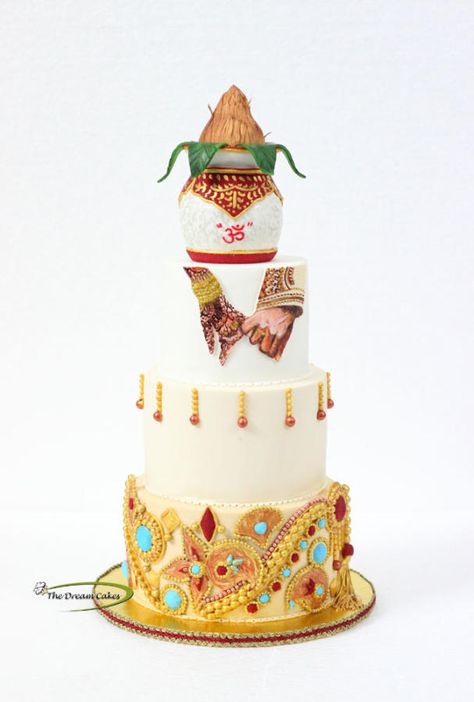 Indian Wedding Cake - Cake by Ashwini Sarabhai Indian Theme Cake Ideas, Bengali Wedding Cake, Indian Wedding Cake Designs, Reception Cake Designs, Desi Wedding Cake, Indian Cakes, Praying Room, Indian Wedding Cake, Groom Cartoon