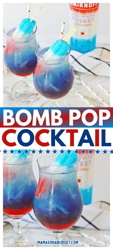 Girly Drinks Alcohol Easy Summer Cocktails, Bomb Pop Drink Recipes, 4 Of July Drinks Alcohol, Summer Time Cocktail, Rocket Pop Drink, Rocket Pop Alcoholic Drink, Fourth Of July Mixed Drinks, 4th Of July Party Drinks For Adults, 4th Of July Vodka Drinks