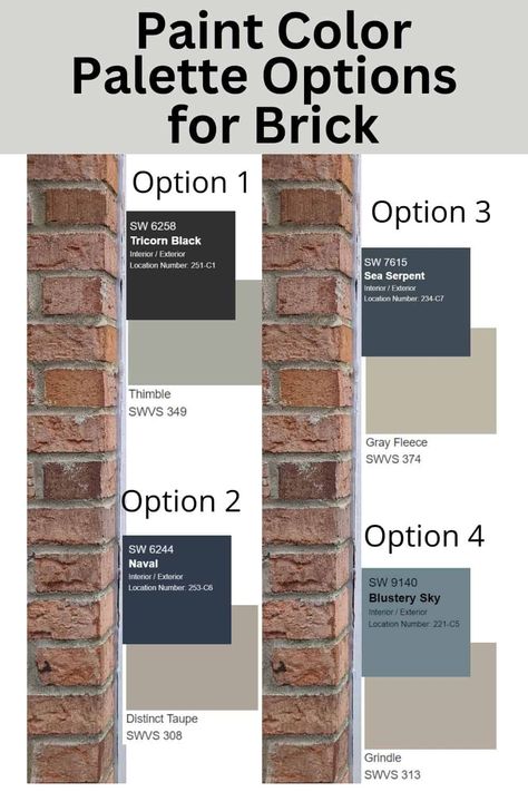 10 exterior paint colors for brick homes. Whether these colors are used on the exterior trim, front doors, shutters, or siding, they all compliment the colors and tones of red brick. #brick #paintcolors #exterior #painting Shutter Colors On Red Brick House, Outside Trim Colors With Brick, Brown Brick Paint Colors, Orange Brick Shutter Colors, Painting Outside House Ideas, Home Exterior Colors With Red Brick, Brick House With Painted Trim, Red Brick Home Trim Color Ideas, Exterior Paint Red Brick