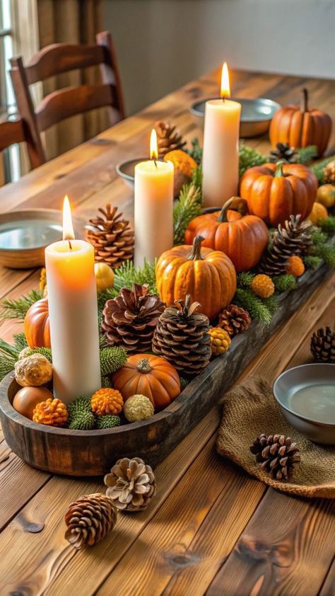 Pumpkins And Pinecones Fall Decorating, Pinecones Centerpiece, Centerpiece With Candles, Pumpkin Table Centerpiece, Thanksgiving Tree, Fall Table Centerpieces, Tafel Decor, Fall Thanksgiving Decor, Fall Deco