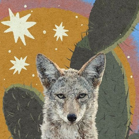 Madisyn Sherman | Art Made for the Wild on Instagram: "Showing some appreciation for the utter resilience of the coyote today ❤️‍🔥   No matter what this animal not only manages to survive but also thrive. Such an inspiration if you ask me!!   #coyote #coyotecalling #desertlife #desertdwellers #urbanjungle #canislatrans #cactus #cactusysuculentas #eugeneoregon #eugeneartist" Coyote Therian Pfp, Coyote Wallpaper, Coyote Aesthetic, Coyote Skull Art, Coyote Therian, Coyote Art, Desert Coyote Art, Native American Coyote Art, Desert Coyote