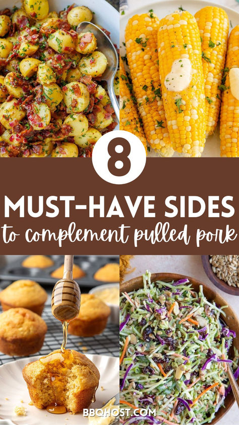 Upgrade your pulled pork meal with these irresistible side dishes! Explore options like broccoli slaw, cornbread muffins, and more that are perfect for gatherings or family dinners. Save this post today and click through for the ultimate guide on what to serve with pulled pork! Pulled Pork And Sides, Sides For Pork Ribs Dinners, What To Serve With Bbq Pulled Pork, Bar B Q Sides Dishes, Best Side Dishes For Pulled Pork, Sides To Go With Bbq Pork, Side For Pulled Pork, What Goes With Pulled Pork Sandwiches, Sides To Go With Pulled Pork Sandwiches