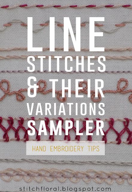 Stitch Floral: Line stitches and their variations: sampler Stem Stitch, Split Stitch, Embroidery Sampler, Basic Embroidery Stitches, Embroidery Stitches Tutorial, Sewing Embroidery Designs, Crewel Embroidery, Hand Embroidery Stitches, Running Stitch