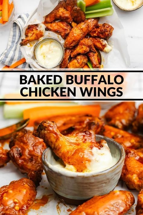 These chicken wings are baked until crispy and then tossed in a homemade buffalo sauce. A delicious game day appetizer, snack, or dinner! Party Wings In Oven, Buffalo Wing, Buffalo Wings Recipe Baked, Homemade Wings, Homemade Chicken Wings, Baked Hot Wings, Buffalo Chicken Wings Recipe, Oven Chicken Wings, Baked Buffalo Wings