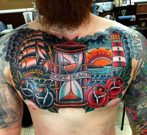 America Traditional Tattoo, Traditional Tattoo Men, Neo Traditional Chest Tattoo, Classic Style Tattoo, Traditional Chest Tattoo, Traditional Tattoo Man, Full Chest Tattoos, Traditional Chest, Backpiece Tattoo