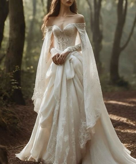 Fantasy Wedding Dress Aesthetic, Elfish Wedding Dresses, 1600s Wedding Dress, Elven Wedding Veil, Rennaisance Wedding Gown, Bookish Wedding Dress, Fae Wedding Dress Fairy Queen, Long Sleeve Fairy Wedding Dress, Witchy Wedding Dress White