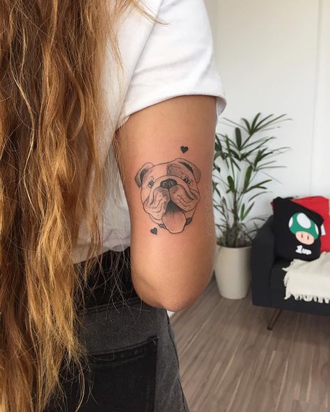 Dog Tattoo Back Of Arm, Puggle Tattoo Ideas, Cute Bulldog Tattoo, Best Dog Tattoos, Custom Dog Tattoo, Personalized Dog Tattoo, Scruffy Dog Tattoo, Dog Tattoo Placement For Women, Dog Tattoo Placement