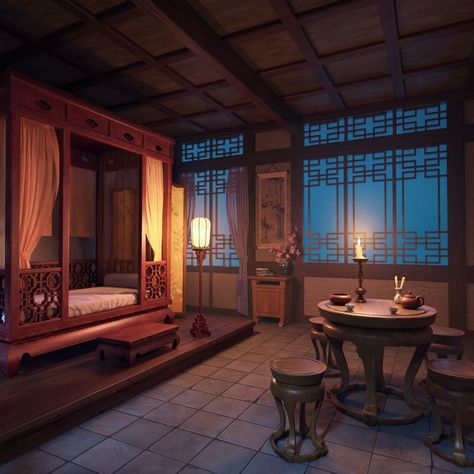 Ancient China Interior, Ancient Chinese Interior, Chinese Traditional Bedroom, Chinese Room Traditional, Ancient Chinese Bedroom, Chinese Bedroom Traditional, Traditional Chinese Room, Traditional Asian House, Ancient Chinese Room