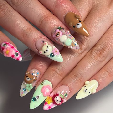 RILAKKUMA PICNIC 🍡🍒🎀👅🍓🍭 handmade all the little charms on my lunch break one day, inspired by @faithsfullsets 🫶 I wanna make more more more so get your requests IN 🧸 #brightonnails #brightonnailart #3dnails #rilakkumanails #kawaiinails #nailcharms Rilakkuma Nails, Nail Growth Tips, Lilac Nails, Nail Art Designs Diy, Pretty Gel Nails, Really Cute Nails, Soft Nails, Unique Acrylic Nails, Kawaii Nails