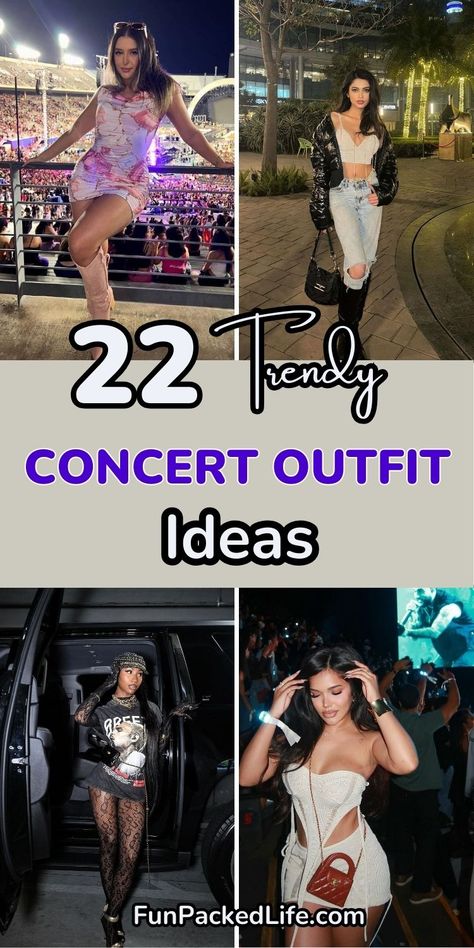 he image showcases four trendy concert outfit ideas with the text "Trendy Concert Outfit Ideas" prominently displayed. The top left features a pink tie-dye mini dress with cowboy boots, the top right shows a casual ripped jeans and crop top combo with a puffer jacket. The bottom left highlights a bold graphic tee paired with fishnet leggings, and the bottom right presents a stylish bodycon cut-out dress, perfect for standing out at any concert or music festival. Cute Edm Concert Outfits, Short Concert Outfit, Outdoor Fall Concert Outfit Ideas, Polo G Concert Outfit, Kaytranada Concert Outfit Ideas, Michael Jackson Concert Outfit, Beach Concert Outfit Ideas, Jamaican Concert Outfit, Oversized Shirt Concert Outfit