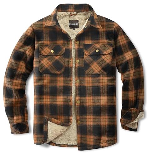 Puwasa Men's Sherpa Lined Cotton Flannel Shirt Jacket Plaid Button Up Jacket Coat for Men with Pocket Men’s Autumn Fashion, Carhartt Flannel, Flannel Men, Mens Sherpa, Ralph Lauren Pullover, Button Up Jacket, Flannel Jacket, Men Shirts, Swag Shoes