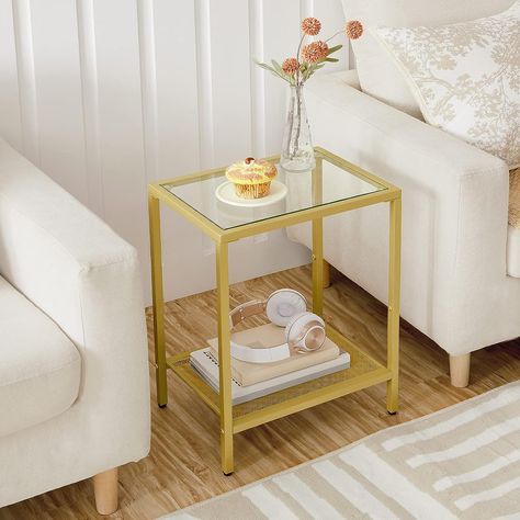 Gold Glass Nightstand, Gold Side Tables, Simple Side Table, Gold End Table, Small End Table, Tv Tray Table, Simple Side Tables, Glass Top End Tables, Small End Tables