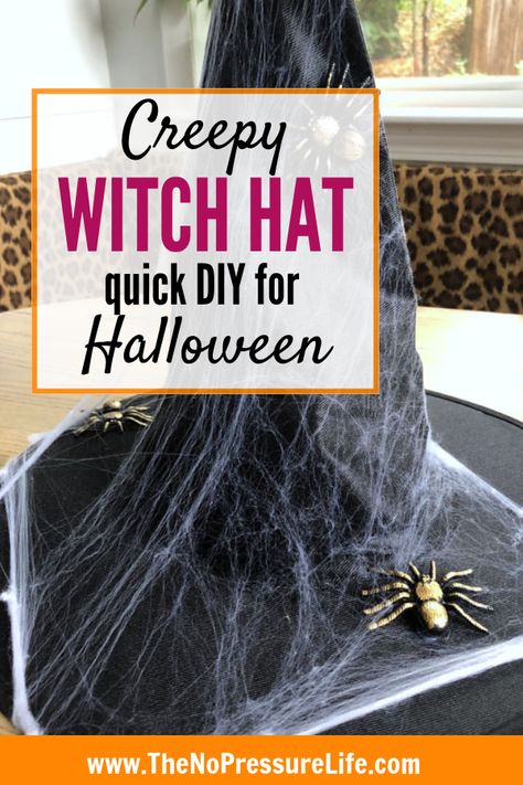 Learn how to make an easy DIY decorated witch hat for Halloween with this simple tutorial! It's a great idea to wear for a last-minute Halloween costume or as a decoration. Little witches will love the sparkly spiders on this hat! #Halloween #HalloweenCostumes #HalloweenCrafts via @nopressurelife How To Decorate A Witches Hat To Wear, How To Decorate A Witches Hat, Decorate A Witches Hat, Decorating Witches Hats, Decorate Witches Hat, Diy Witch Hat To Wear, Decorated Witches Hats, Decorated Witch Hat, Makeup Witch