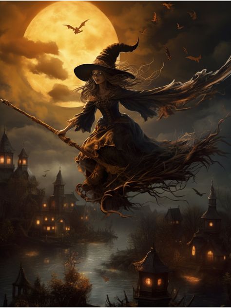 Old Salem style witch flying on broom over Old Salem.  This is a digital download. Witch Pictures Ideas, Gothic Witch Art, Salem Style, Salem Witch Trails, Witch In The Woods, Old Witch Painting, Witch Flying On Broom, Witch Flying On Broom Full Moon, Antique Witch Photos