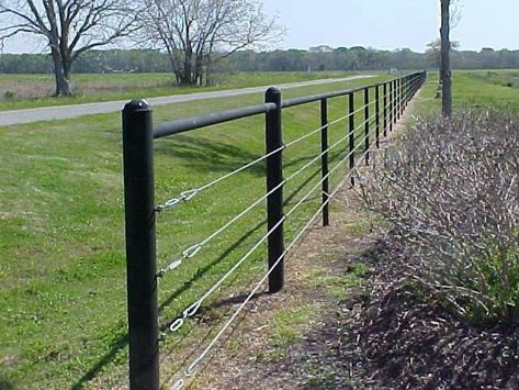 Tension Cable Fence - Home Fencing Cable Fence, Pipe Fence, Ranch Fencing, Pasture Fencing, Home Fencing, Black Fence, Fence Planters, Fence Plants, Fencing Ideas