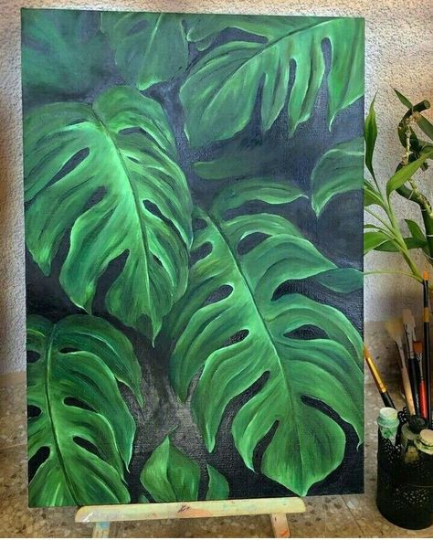 Green Leaves Painting Canvas, Leaves Paintings Acrylic, Plant Leaves Painting, Big Leaves Painting, Big Leaf Painting, Monstera Painting Acrylic Easy, Tropical Leaves Painting Canvas, Monstera Plant Painting Acrylic, Tropical Leaf Painting Acrylic