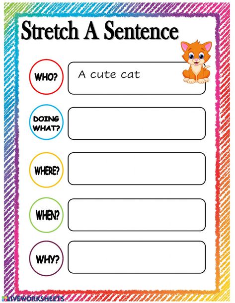 3rd Grade Sentence Starters, Writing Paragraphs 1st Grade, Teaching How To Write A Sentence, Sentence Stretching, Writing For Second Grade, Stretching Sentences, Stretch A Sentence, Sentence Worksheet, Writing Sentences Worksheets