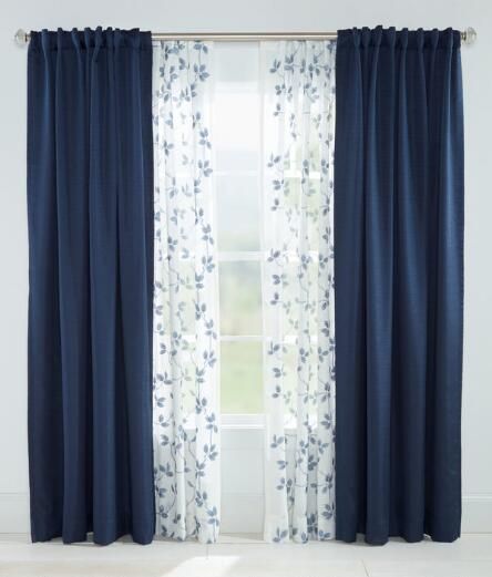 Dainty and delicate, these embroidered window treatments, showcasing a cascading leafy pattern, make a graceful statement in a soft, light-filtering curtain. (Country Curtains Hestercombe Embroidered Rod Pocket Curtains with Back Tabs Pair) Curtain Combination Ideas, Curtains Color Combinations, Purple And Blue Curtains, Cornflower Blue Curtains, Embroidered Window, Room Darkening Curtains Bed Bath & Beyond, Lounge Curtains, Leafy Pattern, Light Blue Curtains Living Room Bed Bath & Beyond