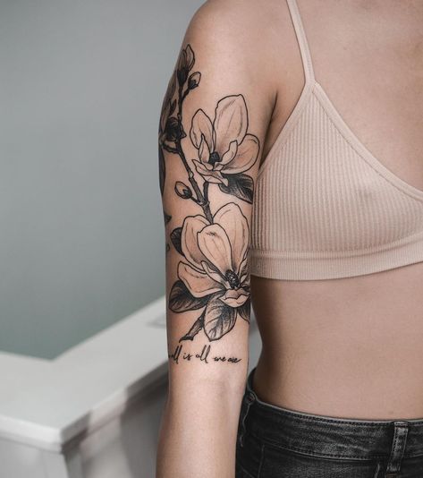 Dogwood Tattoo, Flower Shoulder Tattoo, Shin Tattoo, Magnolia Tattoo, American Traditional Tattoo Ideas, Traditional Tattoo Flowers, Traditional Tattoo Ideas, Floral Tattoo Sleeve, Birth Flower Tattoos