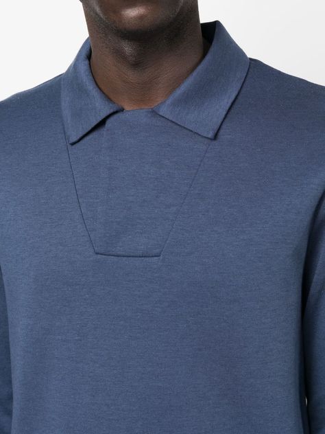 long-sleeve cotton-blend polo shirt from GIORGIO ARMANI featuring midnight blue, cotton-silk blend, polo collar, long sleeves, elasticated cuffs and straight hem. | Giorgio Armani Long-Sleeve Cotton-Blend Polo Shirt Armani Polo, Armani Shirts, Polo Design, Polo Men, Polo Long Sleeve, Denim Patterns, Polo Tees, Long Sleeve Polo Shirt, Mens Casual Outfits