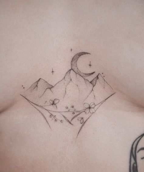 Star Mountain Tattoo, Acotar Ramiel Mountain Tattoo, Minimalistic Mountain Tattoo, Upper Leg Tattoos Women, Velaris Tattoo, Cool Nature Tattoos, Nepal Tattoo, Bicep Tattoo Women, Tattoo Dream