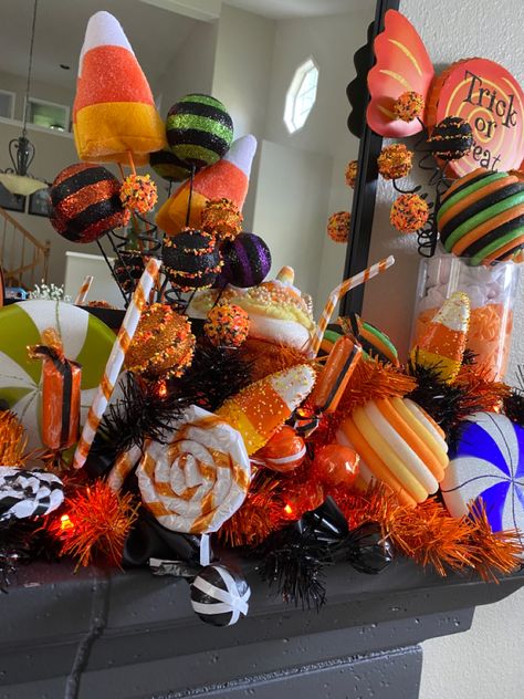 Halloween Candy Decorations, Candy Store Display, Halloween Whimsical, Giant Props, Halloween Sweet Treats, Candy Pumpkin, Candy Props, Mantel Garland, Candy Corn Decorations