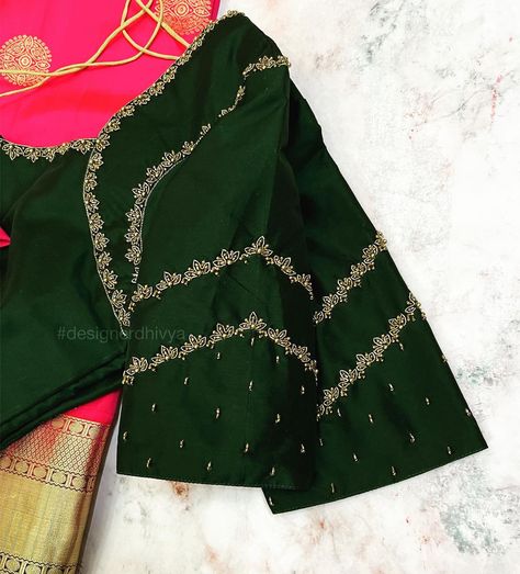 Green With Pink Blouse Design, Simple Green Blouse Designs For Saree Silk, Green Saree Pink Blouse Designs, Green Blouse Work Designs, Green Pattu Blouse Designs, Bottle Green Blouse Designs, Green Blouse Designs For Saree Bridal, Dark Green Blouse Designs, Simple Green Blouse Designs For Saree