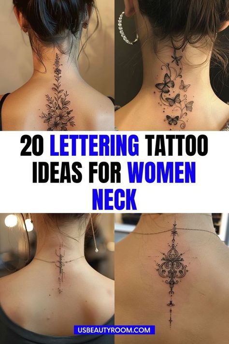 Finding the perfect script font for a neck tattoo can be a challenge, as the font style can greatly influence the overall look and feel of the design.... Behind The Ear Tattoo Ideas Words, Hidden Name Tattoo Ideas, Behind The Neck Tattoos For Women, Behind Neck Tattoo Woman, Neck Script Tattoo, Behind Neck Tattoo, Behind The Neck Tattoos, Lettering Tattoo Ideas, Thigh Garter Tattoo