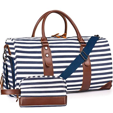 Amazon.com | Oflamn 21" Weekender Bags Canvas Leather Duffle Bag Overnight Travel Carry On Tote Bag with Luggage Sleeve (Blue/White Striped) | Travel Duffels Canvas Duffel Bag, Canvas Weekender Bag, Carry On Tote, Weekender Bags, Sac Week End, Leather Duffle Bag, Bag Essentials, Leather Duffle, Travel Duffle