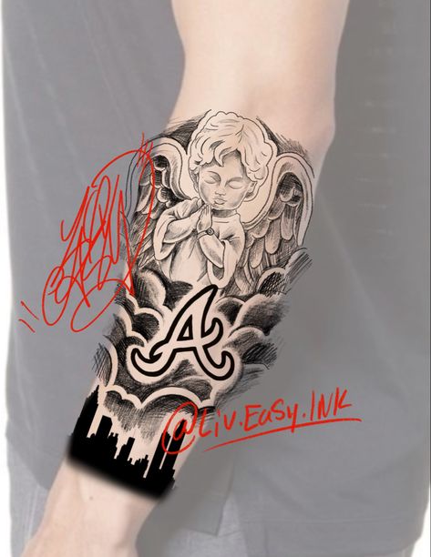 Tattoo men’s sleeve Atlanta braves skyline angel baby angel black and gray Atlanta Tattoo Ideas, Angel Tattoo Sleeve, Atlanta Braves Tattoo, Atlanta Tattoo, Be Brave Tattoo, Trailer Camper, Angel Tattoo, Forearm Tattoo Men, Dope Tattoos