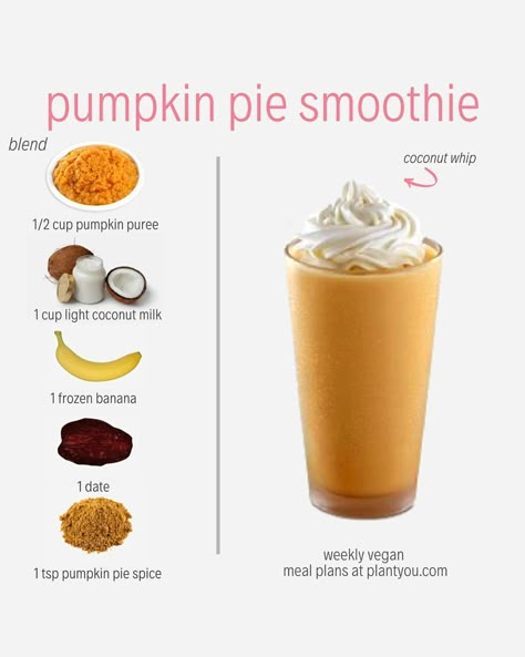 Fall Smoothies, Resep Smoothie, Pumpkin Pie Smoothie, Vegan Meal Plans, Makanan Diet, Easy Smoothie Recipes, Easy Smoothies, Fruit Smoothie Recipes, Shake Recipes