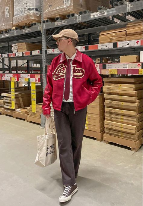 Men’s Vintage jacket fashion✨ Red Shirt Outfit Men Streetwear, Red Jacket Outfit Aesthetic, Red Varsity Jacket Outfit, Red Jacket Outfit Men, Red Outfits Men, Varsity Jacket Outfit Mens, Red Outfit Men, Racing Jacket Outfit, Red Jacket Outfit