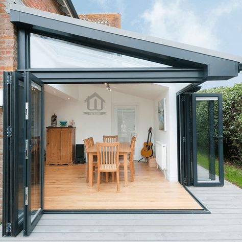 Corner Bifold Doors, Bifold Doors Onto Patio, Folding Patio Doors, Sliding Doors Exterior, Garden Room Extensions, House Extension Plans, Glass Doors Patio, Room Extensions, Glass Extension