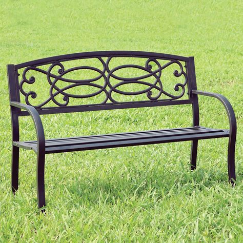 Swirla 50 in. Dark Bronze Cast Iron Outdoor Metal Bench | Hayneedle Wooden Park Bench, Metal Garden Benches, Backrest Design, Black Bench, Outdoor Garden Bench, Wooden Garden Benches, Steel Bench, Picnic Bench, Patio Bench