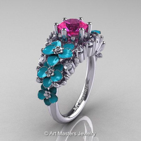 Nature Classic 14K White Gold 1.0 Ct Pink Sapphire Diamond Turquoise Orchid Engagement Ring R604-14KWGDTPS-1 Classic Rings, Luxurious Jewelry, Black Gold Ring, Purple Amethyst Ring, Crystal Bangle, Unusual Jewelry, Jewelry Images, Exclusive Jewelry, Classic Ring