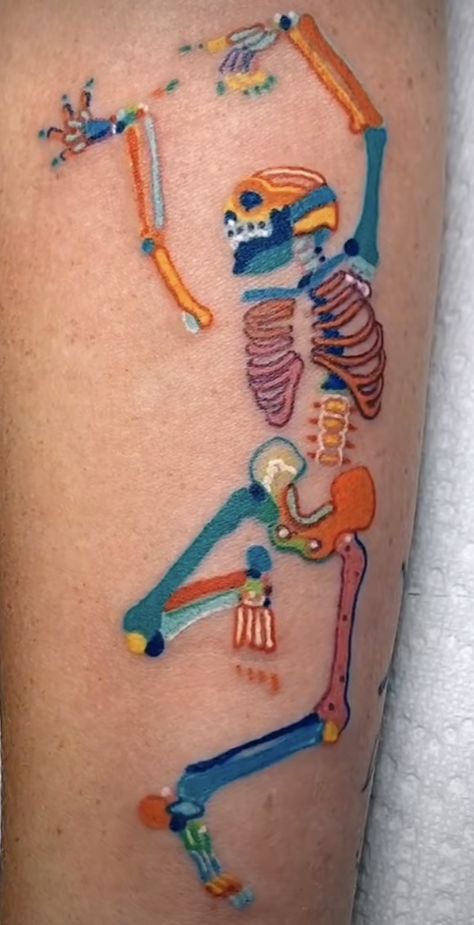 Color Skeleton Tattoo, Cool Tattoos Colorful, Rainbow Skeleton Tattoo, Colorful Skeleton Tattoo, Cool Colorful Tattoos, Colored Line Tattoo, Colorful Patchwork Tattoos, Color Patchwork Tattoo, Cute Skeleton Tattoo