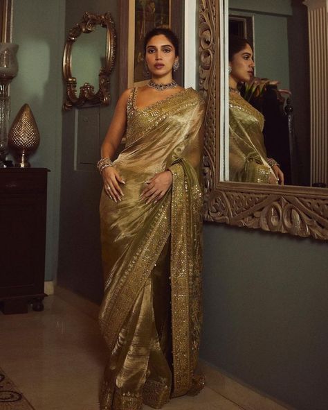 Bhumi Pednekar, Golden Saree, Diwali Outfits, Indian Sari Dress, Indian Dresses Traditional, Elegant Saree, Indian Wedding Outfits, Blouse For Women, Lehenga Designs