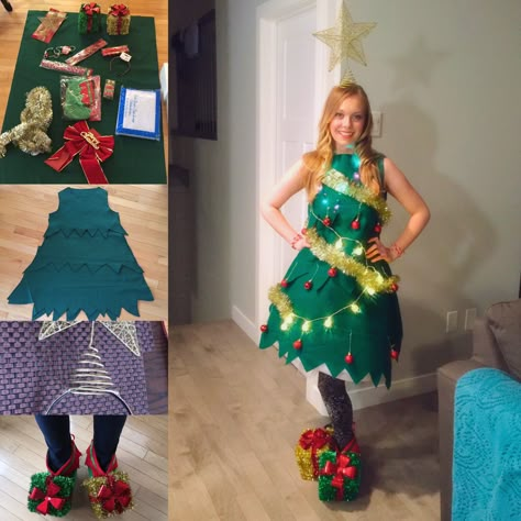 Diy Christmas Tree Costume Women, Christmas Tree Dress Up, Christmas Tree Dress Diy, Diy Christmas Tree Dress, Christmas Group Costumes, Dress Like A Christmas Tree, Dress Like A Present, Holiday Costume Ideas, Diy Christmas Tree Costume