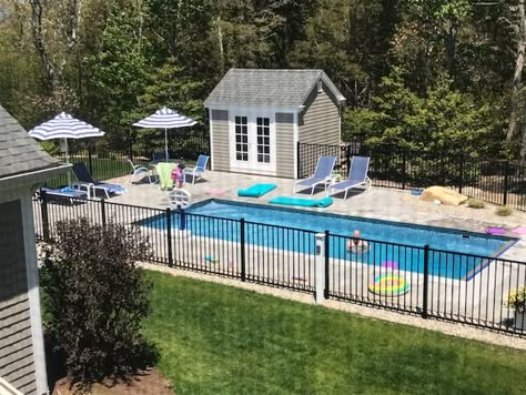 In Ground Pool With Fence, Inground Pool With Fence, Above Ground Pool With Fence, Semi Inground Pool Fence Ideas, Backyard Pool On A Budget, Fencing Around Inground Pools, Inground Pool Ideas Sloped Yard, Inground Pool With Privacy Fence, Black Fence Around Inground Pool