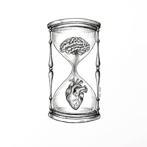 Hourglass Drawing, Brain Drawing, Heart Project, Brain Tattoo, Hourglass Tattoo, Brain Art, Heart Projects, Sketchbook Drawings, Art Drawings Sketches Pencil