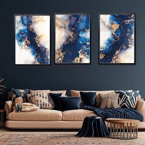 Blue Gold Decor Living Room, Black White Brown Blue Living Room, Navy And Rose Gold Living Room, Royal Blue Wall Art, Gold And Navy Living Room, Navy And Gold Living Room Decor, Blue Lounge Room Decor, Teal And Navy Living Room, Navy Blue And Gold Living Room Decor