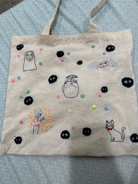 Studio Ghibli Tote Bag, Chibi Studio, Ghibli Tote Bag, Ghibli Embroidery, Embroidered Tote Bag, Embroidered Tote, Embroidery Bags, Studio Ghibli, Art Projects