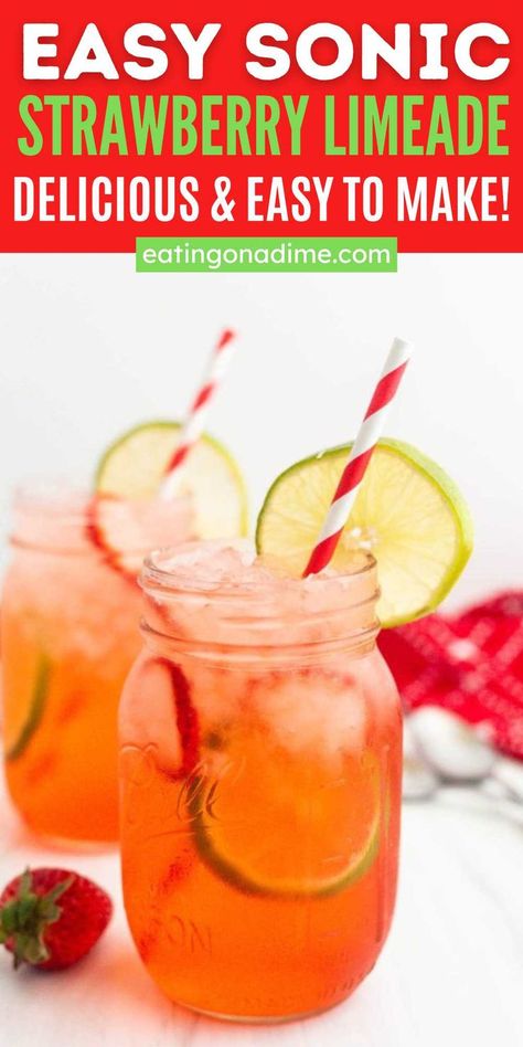 Sonic Limeade Recipe, Sonic Strawberry Limeade Recipe, Cranberry Limeade, Strawberry Limeade Recipe, Club Soda Drinks, Strawberry Shake Recipe, Sliced Strawberry, Strawberry Limeade, Limeade Recipe