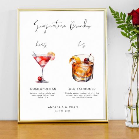 Drinks Bar Wedding, Signature Drink Wedding, Signature Drinks Wedding, Cocktails Poster, Bar Wedding Sign, Drink Wedding, Drinks Wedding, Addressing Wedding Invitations, Wedding Signature Drinks