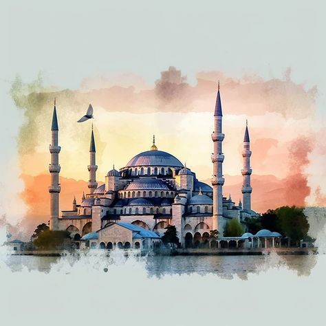 Digital Travel Journal, Mosque Drawing, Hagia Sofia, Bridal Hijab Styles, Architecture Drawing Presentation, Beach Scene Painting, Eid Background, Al Qur'an Photography, Mosque Art