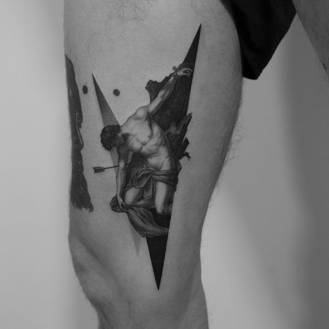 Tattoo artist Paweł Indulski authors style black and grey realistic tattoo, graphic, minimalism | Poland Icarus Tattoo, Poland Tattoo, Etching Tattoo, Tatuagem Masculina Pequena, Tattoo Line, Tattoo Minimalist, Tattoos Geometric, Mythology Tattoos, Tattoo Graphic