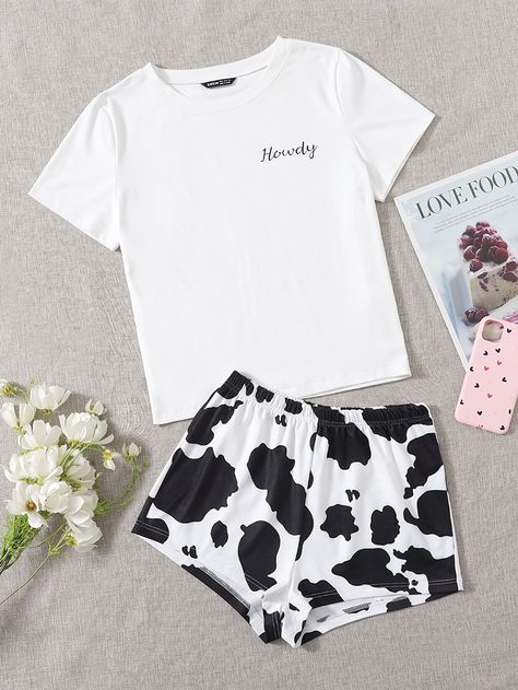 Letter & Cow Print Pajama Set Cow Print Pajamas, Cow Pajamas, Clothes Jeans, Cute Pjs, Pajama Fashion, Dress Lingerie, Kids Pjs, Plus Size Clothes, Clothing Summer